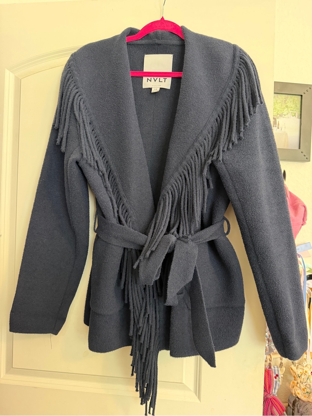 NVLT Women's Fringe Belted Coat - Navy Blue